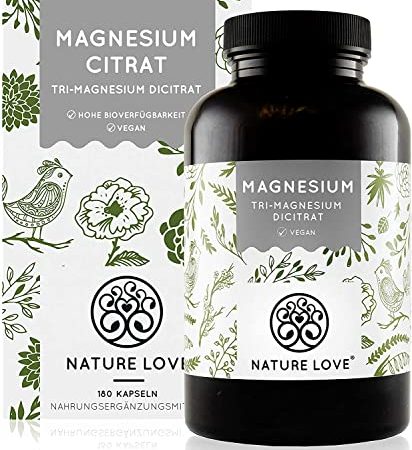 NATURE LOVE® Premium Magnesiumcitrat - 2320mg (360mg elementar) Magnesium je Tagesdosis - 180 Kapseln - Hochdosiert, laborgeprüft, ohne Zusätze, vegan & in Deutschland produziert