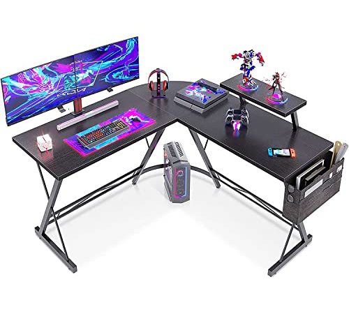 ODK L-förmiger Schreibtisch, Computertisch, Bürotisch mit runder Ecke, Gaming-Tisch mit Monitorablage, 127 x 127cm, Schwarz