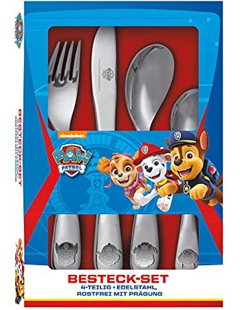 P:os 29991049 PAW Patrol - Besteck-Set mit Prägung, 4-teiliges Kinder-Besteck aus rostfreiem Edelstahl, Ess-Besteck mit Messer, Gabel, Suppen-Löffel und Dessert-Löffel, spülmaschinengeeignet