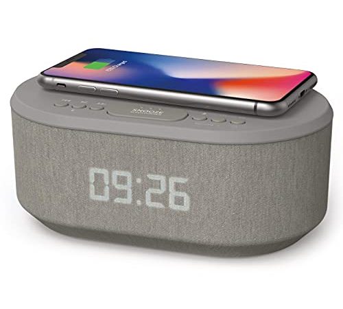 Radiowecker Digital mit USB-Ladegerät, Bluetooth-Lautsprecher, Kabelloses Laden, Wecker Digital Alarm Clock Ladestation mit dimmbares LED-Display – Netzbetrieb Digitaler Wecker ohne Ticken (Grau)