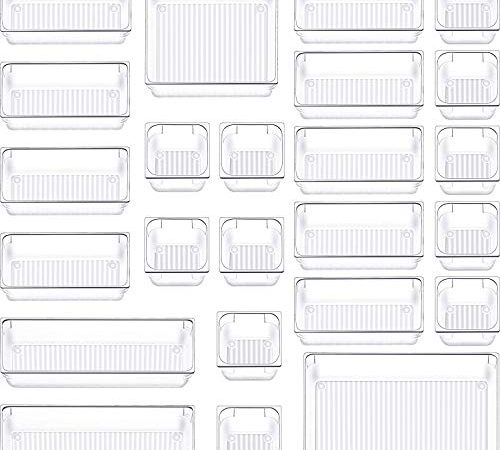 SIUNDAM Schubladen Ordnungssystem mit 5-Größen-Aufbewahrungsboxen , Antirutsch Transparent Make-up Organizer Schublade für Schminktisch Küche Badezimmer (24 Stücke)