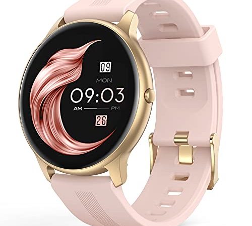 Smartwatch, AGPTEK 1,3 Zoll runde Armbanduhr mit personalisiertem Bildschirm, Musiksteuerung, Herzfrequenz, Schrittzähler, Kalorien, usw. IP68 Wasserdicht Fitness Tracker für iOS und Android, Rosa