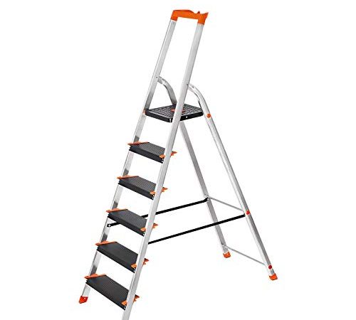 SONGMICS Leiter 6 Stufen, Trittleiter, Aluleiter, 12 cm breite Stufen, Werkzeugschale, rutschfest, bis 150 kg belastbar schwarz-orange GLT06BK