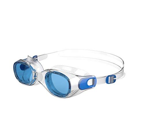 Speedo Futura Classic Schwimmbrille, bequemer, verstellbarer Sitz, Anti-Fog-Gläser, klar und blau, Größe Erwachsene Unisex