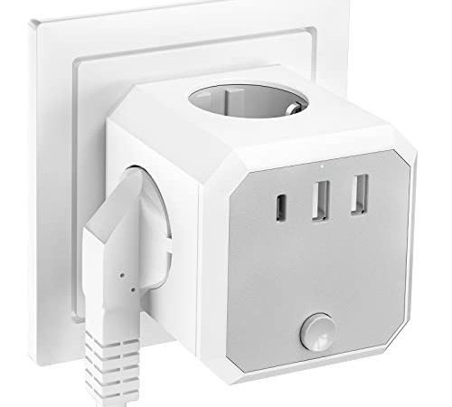 Steckdosenwürfel mit USB, 4 Fach Mehrfachsteckdose ohne Kabel, Steckdose mit Schalter, Steckdosenadapter mit 2 USB-A und 1 Type-C(5V/3.4A) für Schlafzimmer, Reise und Büro - Weiß