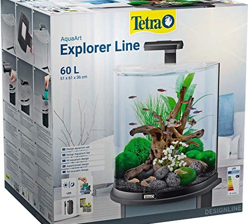 Tetra Explorer Line 60 L Aquarium Komplett-Set - Design Aquarium mit gebogener Frontscheibe, LED-Beleuchtung, Technik, Futter und Pflegemitteln, Farbe: Schwarz