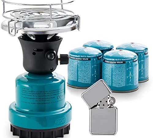 TOM Adventure Gas Campingkocher Set mit 4 x Butan Gaskartusche – 1 - flammig – Piezo-Zündung – Kartuschenkocher für Camping, Festivals & Outdoor Aktivitäten oder als Kohleanzünder