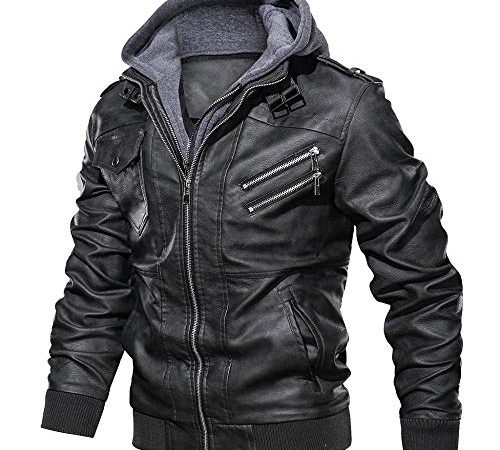 YEBIRAL Lederjacke Herren Jacke Mit Kapuze Vintage Kunstlederjacke Winddichte Bikerjacke Mode Bomberjacke Abnehmbare Hoodie Winterjacke Slim Fit