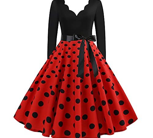 1950er Rockabilly Petticoat Kleid Damen Mittelalter Ballkleid Retro Swingkleid Cocktailkleid Tunikakleid mit Schleifenknoten Langärmliges Abendkleid mit V-Ausschnitt Tupfendruck Partykleid