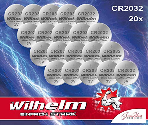 20 Stück Wilhelm CR2032 3V Batterien CR 2032 Knopfzelle (Lithium Knopfzellen 3 Volt im 20-er Pack)