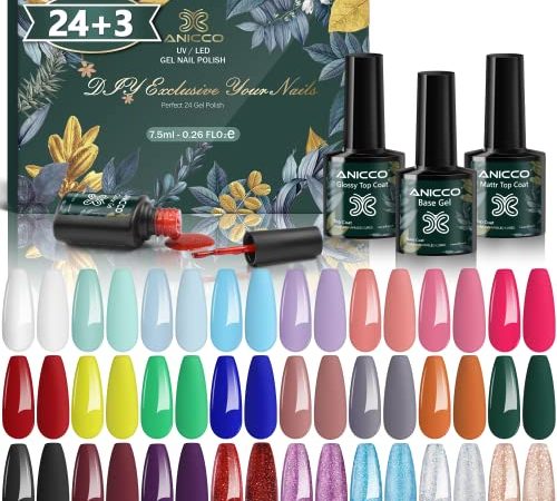 Anicco UV Nagellack Set, 27 Stück Gel Nagellack UV Farbgel Set, mit Unterlack & Glänzender Überlack & Matte Überlack, UV Lack Gel Nail Polish für Nagel Design