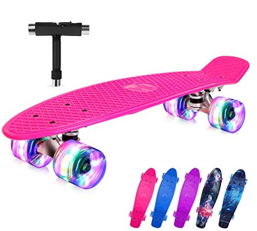 Beleev Skateboard Komplette Mini Cruiser Skateboard für Kinder Jugendliche Erwachsene, Led Leuchtrollen mit All-in-one Skate T-Tool für Anfänger(Pink)