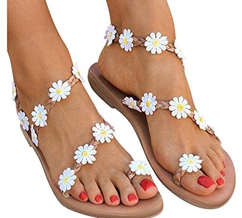 Dasongff Damen Riemchen Flache Sandalen Böhmen Strandsandalen Elegante Lace Spitze Blumen Sommerschuhe Freizeit Vintage Zehe Ring Gladiator Sandalen Römische Schuhe Zehentrenner Komfortable