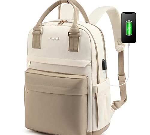 LOVEVOOK Rucksack Damen, 15,6 Zoll Laptop Rucksack Schulrucksack Mädchen Teenager mit USB Ladeanschluss & Laptopfach, Wasserdichter Schultasche Daypack Elegant für Schule Uni Reise Arbeit, Khaki Beige