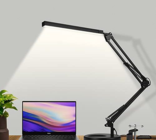 SKYLEO Schreibtischlampe LED Dimmbar - LED Tischlampe mit Clip und Sockel - Augenschutz LED Schreibtischleuchte - 3 Lichtmodi x 10 Helligkeitsstufen - Schwarz