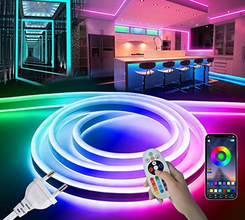 SPAHER Led Strip 20M RGB Dimmbar Neon LED Streifen Aussenbereich mit App-Steuerung 230V, IP65 Neonlichtstreifen, RGB-Fernbedienung und Bluetooth-Verbindungs funktion, DIY-Funktion, Musik Syn