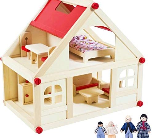 Izzy Puppenhaus aus Holz für Puppen, Puppenstube mit 2 Etagen, 4 Puppen und 9 Möbel, Tragegriff (2 Etagen Puppenhaus)