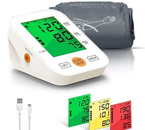 PANACARE Vollautomatisch Oberarm Blutdruckmessgeräte, 3-Farbiges Großes Display mit Hintergrundbeleuchtung, BP-Maschinenmessgerät Oberarmumfänge von 22-42 cm, automatische Blutdruckmonitor, 2 Users