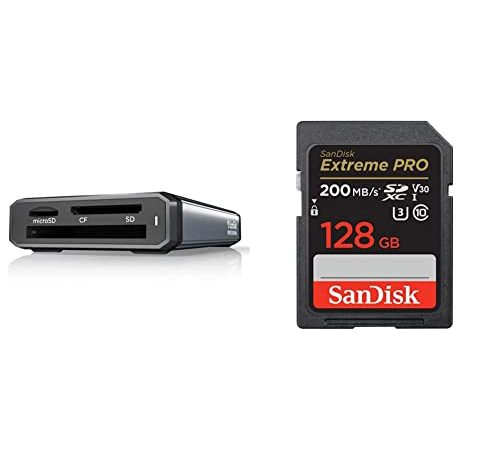 SanDisk PROFESSIONAL PRO-Reader Multi-Card & SanDisk Extreme PRO SDXC UHS-I Speicherkarte 128 GB (V30, 200 MB/s, U3, 4K UHD Videos, SanDisk QuickFlow-Technologie, temperaturbeständig)