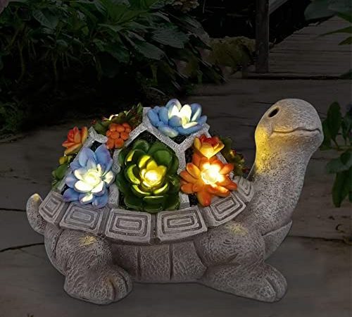 Yeomoo Solar Gartenfiguren Schildkröte Gartendeko für Draußen, mit Sukkulenten und 7 LED Leuchten Home Balkon Dekoration, Schildkröten Figur Kawaii Geschenke für Frauen/Mama Deko für Zimmer Terrasse