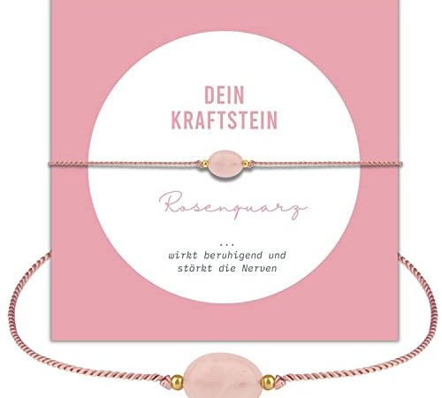 happymaker - Rosenquarz Armband Damen, handgemacht Edelstein Armband rosa mit Goldperlen und exklusiver Geschenkverpackung als Kraftgeber Geschenk für Frauen