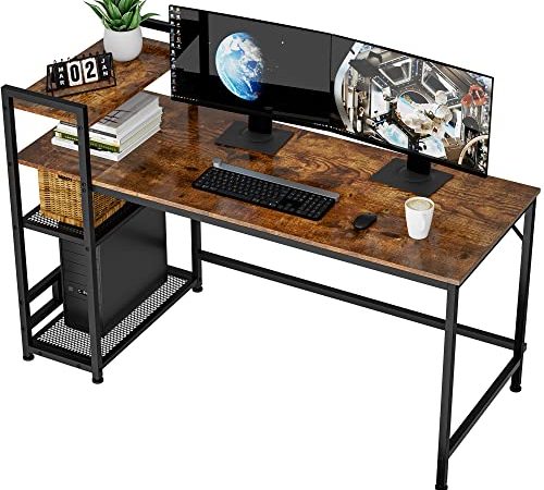 HOMIDEC Schreibtisch, Computertisch mit Bücherregal, Studiencomputer-Laptoptisch mit 4 Tier DIY Lagerregalen Schreiben Tisch für Home Office Schlafzimmer 140x60x110cm
