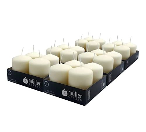 seit 1744 müller KERZEN Müller Elfenbein-Stumpenkerze – Packung mit 24 kleinen Kerzen ohne Duft – 4,8 x 6,2 cm – 10 Stunden Brenndauer Kerzen zur Dekoration – kein tropfendes Wachs – rauchfreier Docht