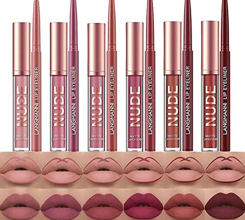 Skynest Lip Liner and Lipstick Makeup Set 6 Velvety Matte Liquid Lipsticks + 6 Matching Smooth Lip Liner