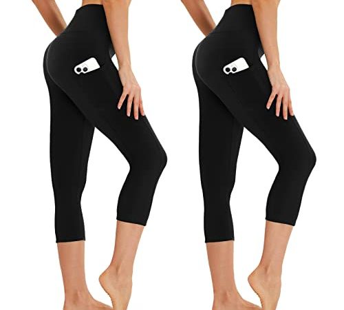 AMIYOYO Capri Leggings Damen mit Taschen 3/4 Sport Leggins High Waist Kurze Sporthose Blickdicht 7/8 Yoga Hose Dehnbar für Sommer Gym 2er Pack(Schwarz*2,L-XL=DE42-48)