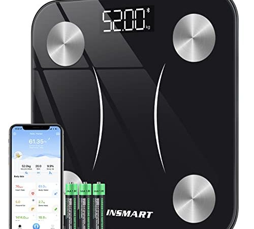 INSMART Körperfettwaage, Waage Personen Personenwaage digital mit APP, Bluetooth Waage für Körperfett, BMI, Gewicht, Pulsschlag, Muskelmasse, Wasser, Protein, Skelettmuskel, Knochengewicht, BMR, usw.