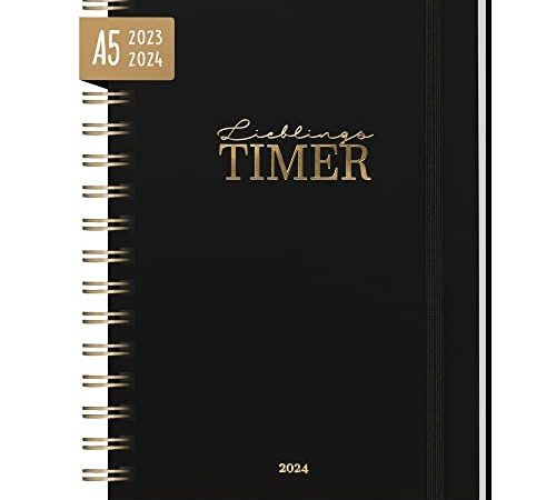 Kalender Lieblings-Timer A5 2023/2024 [Black Edition Gold] Juli 23 - Dez 24 | Hardcover Terminplaner Ringbuch, Terminkalender, Spiralkalender, Wochenplaner, Planner | nachhaltig & klimaneutral