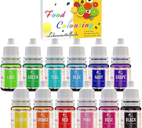 Lebensmittelfarbe 12 Farben - Flüssige Lebensmittel Farben zum Kuchen Backen, Kekse, Macaron, Fondantieren - Lebendiger Lebensmittelfarbstoff für Dekorieren und Kochen, Airbrush, DIY Seifen - je 6 ml