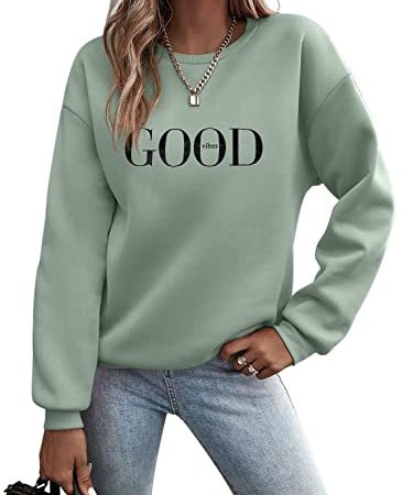 Minetom Pullover Damen Sweatshirt Briefe Drucken Langarm Rundhals Pulli Herbst Winter Frauen Buchstaben Druck Locker Casual Oberteil Sport Streetwear Sweatshirts ohne Kapuze Bluse Tops A Grün L