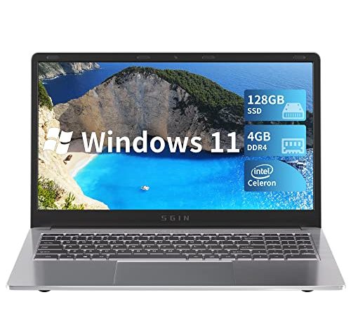 SGIN 15,6 Zoll Laptop 4 GB DDR4 128 GB SSD (TF 512 GB), Windows 11 Laptop mit Celeron Quad-core, bis zu 2,8 GHz, Bluetooth 4.2, WiFi Dualband (Silber)