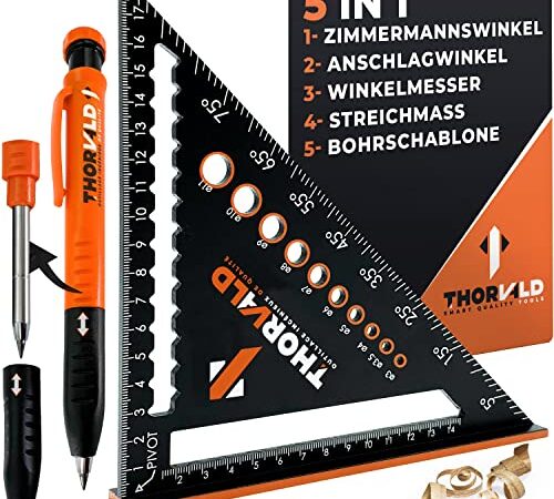 5-in-1 Zimmermannswinkel Winkelmesser Anschlagwinkel - Inkl. Tieflochmarker - Aluminiumwinkel mit 180 mm Schenkellänge zum präzisen Anreißen & Zeichnen / Multifunktional Perfekt um Zeit zu sparen