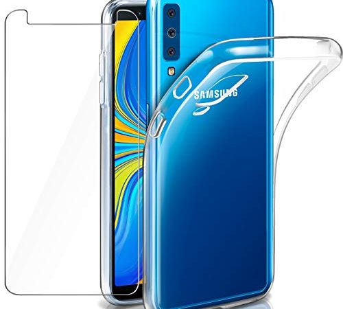 AROYI Samsung Galaxy A7 2018 Hülle + Panzerglas, Samsung Galaxy A7 2018 Durchsichtig Case Transparent Silikon TPU Schutzhülle Premium 9H Gehärtetes Glas für Samsung A7 2018