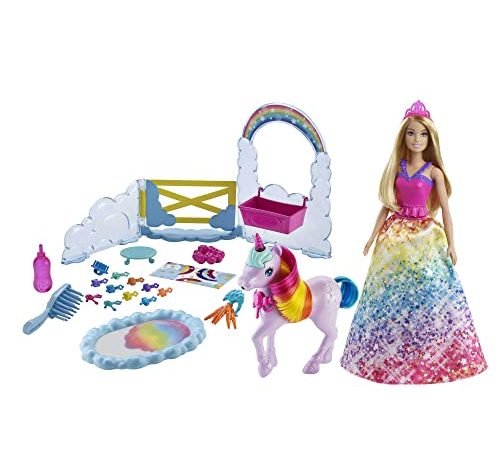 Barbie Dreamtopia Barbie-Puppe und Einhorn-Spielset, 1x Barbie-Puppe, 1x Einhorn, 15+ Barbie-Accessoires inkl. Bürste, Flasche, Tor, Farbwechseleffekt, Geschenk für Kinder, Spielzeug ab 3 Jahre,GTG01