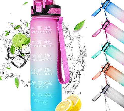 CodiCile Sport-Trinkflasche 1L, auslaufsichere Wasserflasche mit Strohhalm für Männer und Frauen, wiederverwendbar, langlebig, BPA-frei, Tritan-Trinkbecher mit Bürste