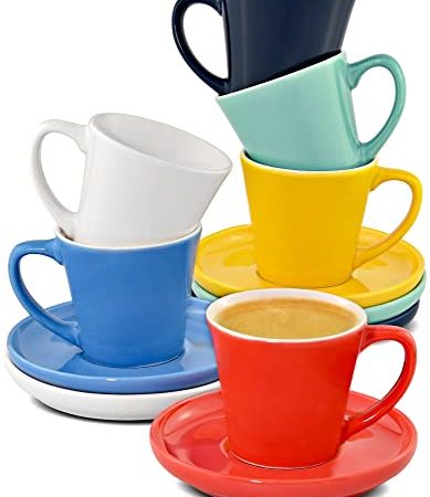 Cosumy Espressotassen 6er Set Bunt mit Untertassen 70ml - Keramik - Hält Lange Warm - Moderner Farben - Geschenkbox