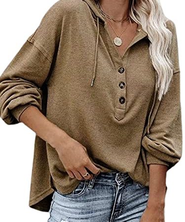 CUPSHE Damen Kapuzenpullover V Ausschnitt Knopfleiste Langarm Oversize Pulli Hoodie Sweatshirt Braun M