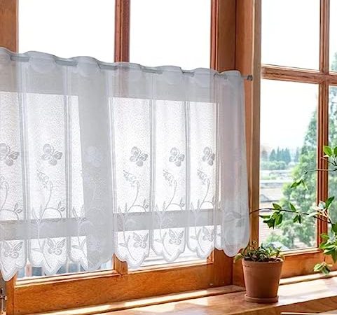 Devola Scheibengardinen transparent Jacquard gardine mit Blumen panneaux gardinen Landhaus bistrogardine weiß mit ösen Kurze küchengardinen mit gebogter Kante BxH 100x90cm 1 Stück