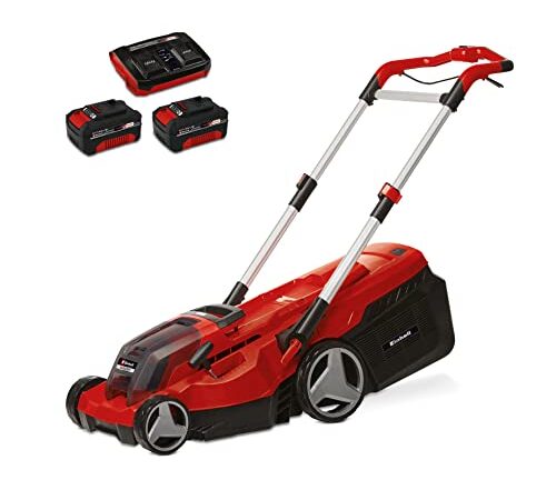 Einhell Akku-Rasenmäher RASARRO 36/38 Kit Power X-Change (36 V, 38 cm Schnittbreite, 450 m², Brushless, Mulchfunktion, 45L Fangkorb, inkl. 2x 4,0 Ah Akkus + Twincharger)