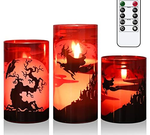 Eldnacele Halloween rote Glas flammenlose Kerzen mit Fernbedienung Timer, batteriebetriebene LED Halloween Kerzen flackernd für Heimdekoration Geschenk 3er Set(Geisterrabe Hexe Schloss Muster)