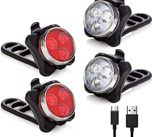 Fahrradlicht Set USB Wiederaufladbar Fahrradbeleuchtungsset, Fahrradbeleuchtung, 650mAh Akku, LED Lampe für Außenbereich, kann auch als Kinderwagen Licht/Warnlicht/Helm Licht/Rucksack Licht - 4 Stück