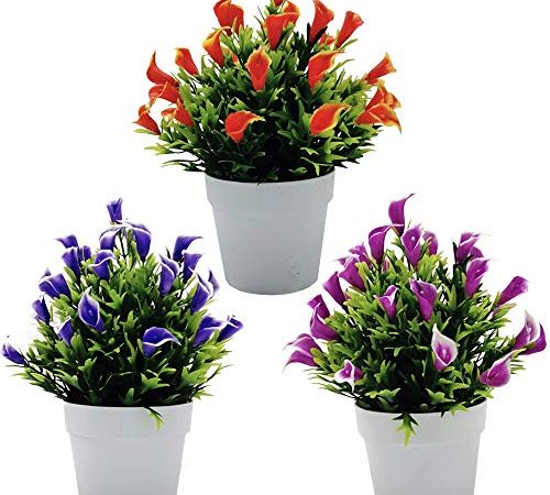 Fycooler Künstliche Callalilie Blumen Eingetopft - 3Pcs Calla Lillies Künstliche Blumen Grünpflanzen - Künstliche Callalilie in Weißen Töpfen für Wohnkultur Brauthochzeit, Büro,DIY Blumenarrangements