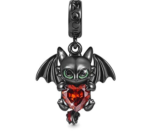 GNOCE Fliegender Drache Anhänger Dangle Charm Sterling Silber mit Herz Zirkonia Stein Fit Armband/Halskette für Frau Damen Schmuck Geschenk Idee (Schwarz)