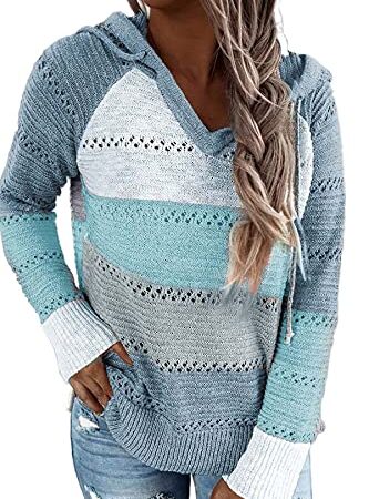 GOLDPKF Pullover Damen Hoodie Damen Sweatjacke MäDchen Damen Farbblock Kapuzenpullover Gestreift Hoodie Entspannt Sweatshirt mit Kapuze Lässiger Hohlpullover Blau S 36-38