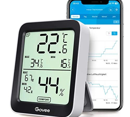 Govee Thermometer Hygrometer Innen, LCD Digital Temperatur luftfeuchtigkeitsmesser mit Benachrichtigungs Alarm, Präzise Thermo-Hygrometer mit APP, Datenspeicherung für Gewächshaus Weinkeller