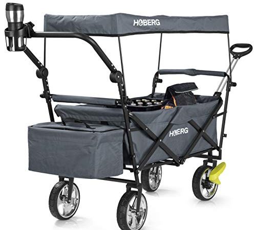 Hoberg Faltbarer Premium-Bollerwagen inkl. Dach mit UV-Schutz (LSF30) | Handwagen mit Getränkehalter, Kühltasche (13 Liter), Teleskopgriff & Bremsen | Als Transportwagen bis 80kg Tragkraft [Grau]