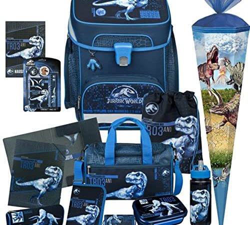 Jurassic World - Dinosaurier - SCOOLI® Undercover EasyFit Schulranzen-Set 13tlg. mit Sporttasche, BROTDOSE, TRINKFLASCHE, SCHULTÜTE, SCHREIBSET, HEFTMAPPE, BRUSTBEUTEL - HAUSAUFGABENHEFT GRATIS DAZU